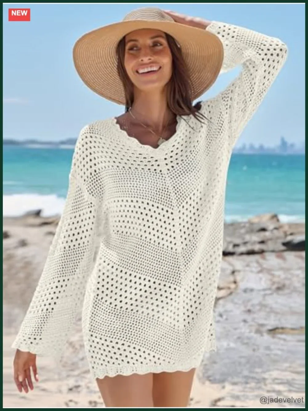 Crochet Mesh Knit Long Sleeve V-Neck Mini Dress Cover Up for Beach